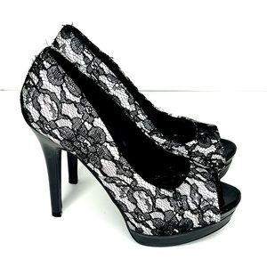 5 inch black and white lace heels